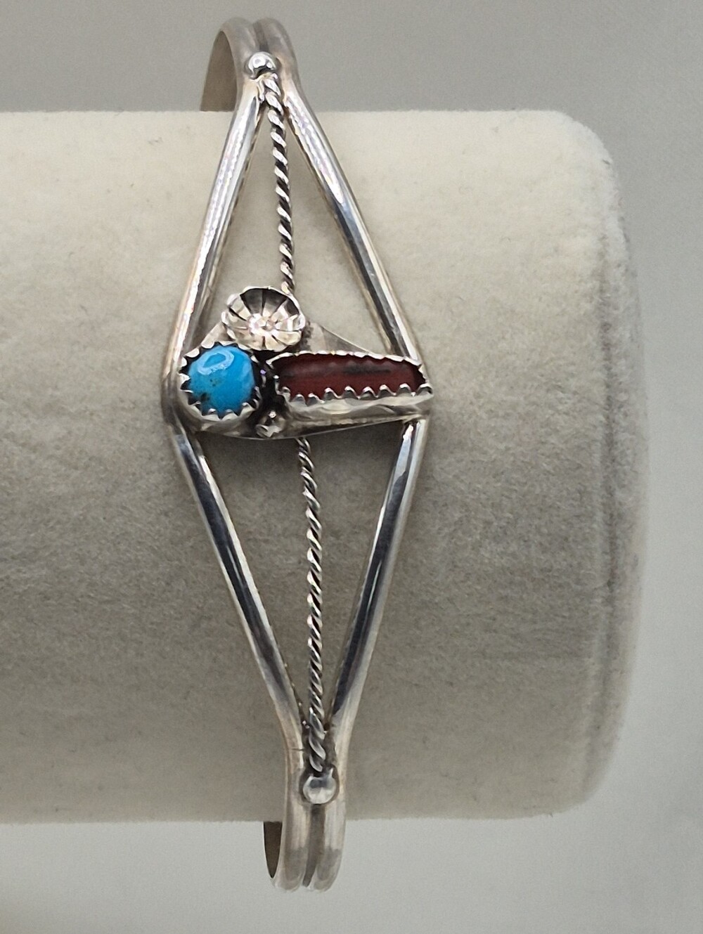 #2B Navajo Native American Turquoise & Coral Sterling Silver Cuff Bracelet